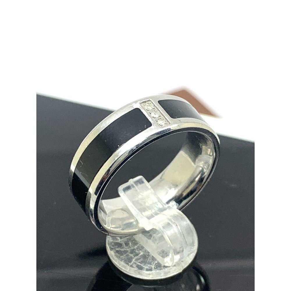 Men's Wedding Band Black Silver Steel 0.03ctw Diamond 8mm Wide Ring Size… - Picture 3 of 13